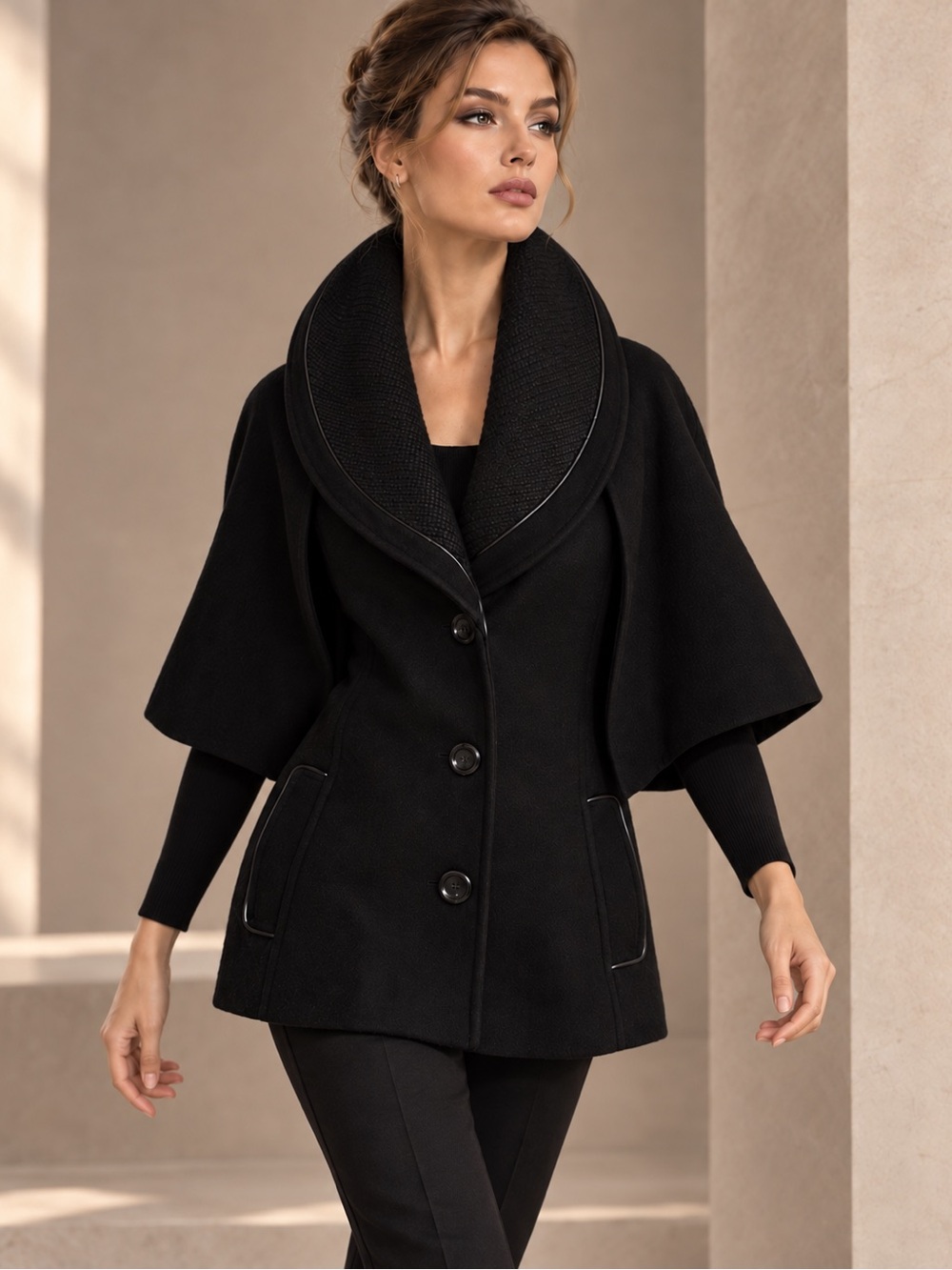 GUESS Black Wool Blend Cape Jacket Ribbed Shawl Collar Piping Women's Size S - Picture 2 of 15